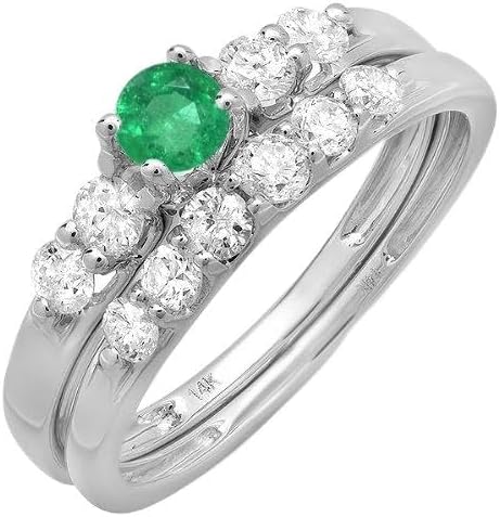 Dazzlingrock Collection Round Emerald And White Diamond Womens Bridal 5 Stone Engagement Ring Wedding Set, 14K Solid White Gold