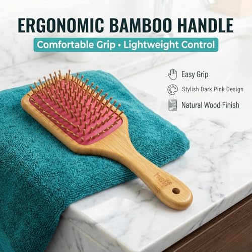 Image of Heff Bamboo Hair Brush, Dark Pink, Wooden Bristles Paddle Brush, 9.5 Inches x 3.3 Inches