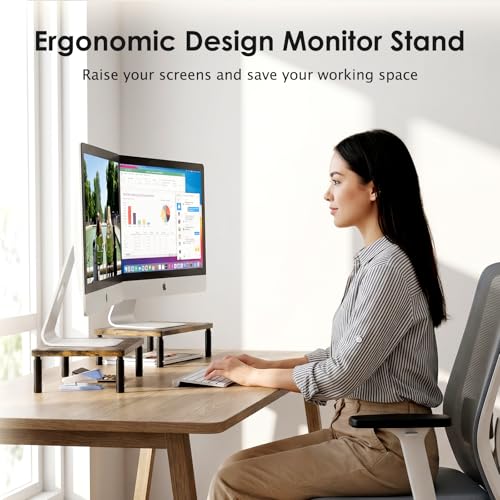 Image of ECOLOVI Adjustable Wood Computer Monitor Stand Riser, Office Desk Organizer and Accessories for Monitor, Laptop, PC, Printer, Office Desk Accessories Workspace Organizer for Home Office Supplies, Brown