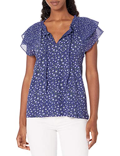Lucky Brand Women's Flutter Sleeve Printed Notch Neck Top, Blue Multi, L