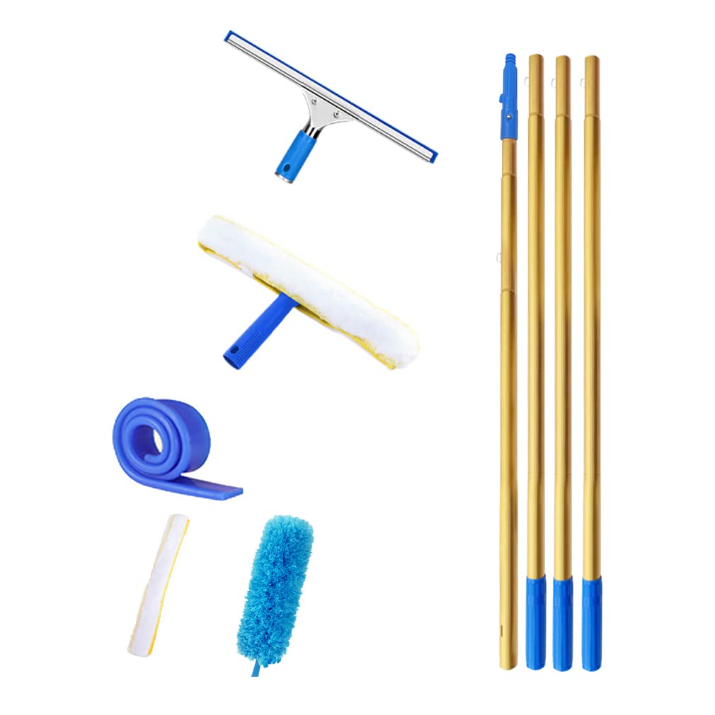 Limpiacristales profesional 2 en 1 con barra de extensión 1.4m/2.4m/3.5m/4.5m Herramientas de limpieza de cristales Escobillas de Goma Paño de Microfibra para Ventana Alta (4.5m)