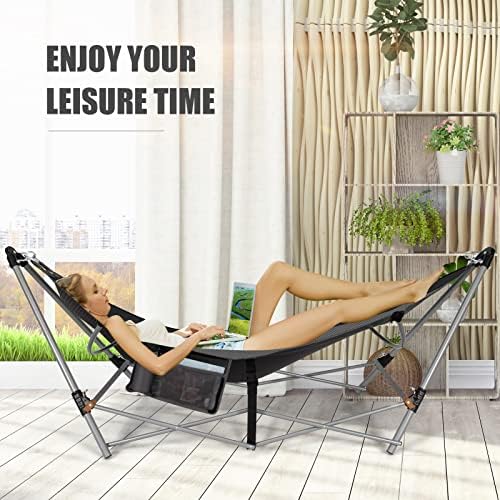COSTWAY Folding Hammock with Metal Stand, Carrying Bag, Anti-Slip Buckle and Storage Pocket, Portable Travel Lounge Camping Bed, Outdoor Garden Patio Swinging Hammock (234 x 83 x 89cm, Black)