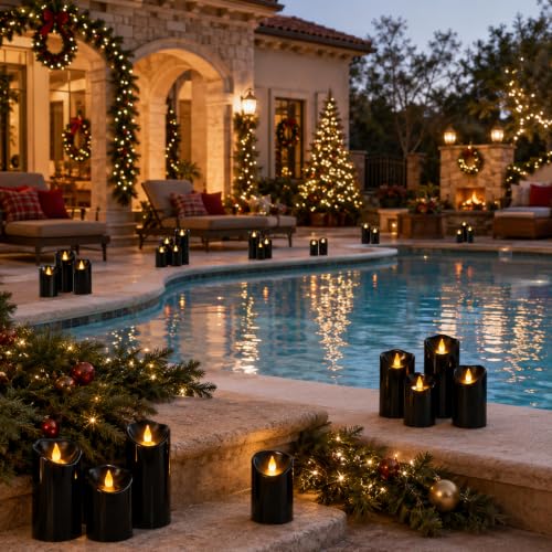 Image of Flameless Candles 4 inch 5 inch 6 inch Set of 3 Outdoor Indoor Black Pillars Battery Operated Flickering Candles with Cozy Climbing Flame Effect, 10-Key Remote Timer, Plastic LED Candles for Wedding Decor