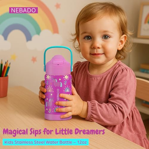 Image of Kids Stainless Steel Insulated Water Bottle with Straw 12oz - Leak Proof Toddler Insulated Cup for School, BPA Free with Handle & Non-Slip Silicone Base, Dishwasher Safe, Whimsical Pink