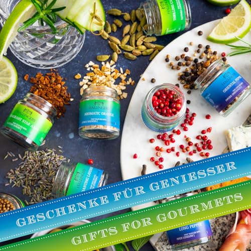 Foto von Hallingers Genuss Manufaktur Gin Botanicals Geschenkset – 12 Premium Botanicals & Gewürze in Glas, edle Box zum Verfeinern von Gin, perfekte Geschenkidee für Gin-Liebhaber, tz Geburtstag & Weihnachten