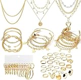CHarmeFleur 38-59 Stück (8-9 Set) Goldplattiertes Schmuckset für Frauen mit 8 Halsketten, 12 Armbändern, 27 Ringen, 12 Paar Ohrgehänge, einfache und funkelnde Happy-Gold-Schmuckstücke für Frauen