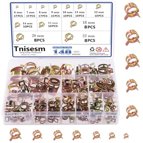Image of Tnisesm 140 Pcs 12 Values 6-22mm Spring Band Type Action Pipe Clamp, Air Hose Tube Water Pipe Fuel Pipe Silicone Vacuum Hose Clamp Fasteners Assortment Kit TN-23-1
