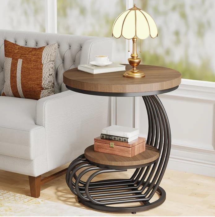 Two-Tiered Round Coffee Table with Storage Shelf, Wrought Iron Center Table for Living Room, Rustic, and Minimalist Design Areas Indoor and Outdoor, Home and Office,((Walnut Black)-image-37