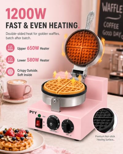 Image of PYY Commercial Waffle Maker, 1200W Professional Waffle Maker Commercial with Nonstick Plates, 122F-572F Temp Control, 5-Min Timer, Cool Touch Spring Handle, Home Kitchen Cafe Restaurant, Pink