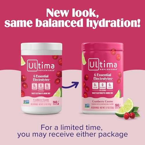 Image of Ultima Replenisher Daily Electrolyte Powder Drink Mix - Sugar Free - Cranberry Cosmo, 90 Servings - Hydration Powder with 6 Key Electrolytes and Trace Minerals - Keto Friendly, Non-GMO