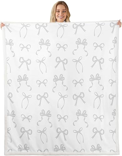 Vista 32 de Manta moderna de franela de vellón con lazo de 40 x 50 pulgadas, estilo princesa, manta mullida para sofá y sofá, con lazos azules y blancos