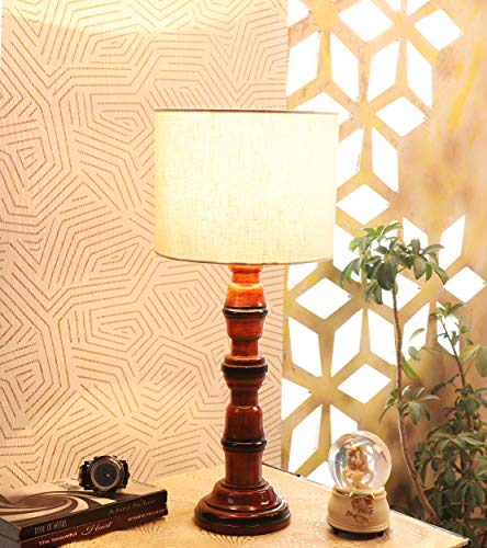 Image of tu casa Off White Cotton Flex Shade with Brown Mango Wood Base Table Lamp | Elegant Bedside & Desk Lamp for Bedroom, Living Room, Office, Home Decor & Gifting (Height : 21 Inch /No Blub Included)