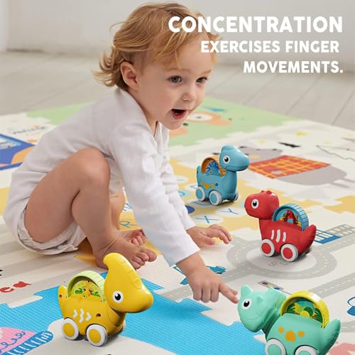 Image of PLUSPOINT Cute Dinosaur Toy car Set with Playmat Fantastic Creatures Toys mat Storage Bag Baby Car Travel Toys Pretend Play Jungle Theme playmat for Kids Birthday Gift Stocking Stuffers for Toddler