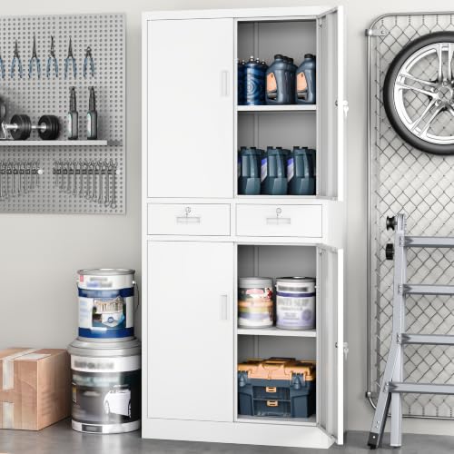 Image of Metal Storage Cabinet with 2 Drawers 71 inch H,White Metal Garage Cabinets with 2 Lockable Doors and Adjustable Shelves, Locking Cabinet for Home Office,Pantry,Garage,Warehouse