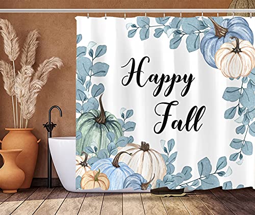 Tititex Happy Fall Pumpkins Shower Curtain Sets, Blue Leaves White Pumpkin Thanksgiving Floral Bathroom Decoration 71X71 Inch With 12 Hooks #TOP11