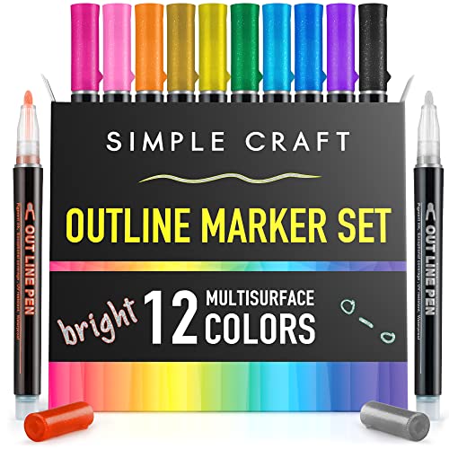 Simple Craft Double Line Outline Pens - 12 Dual Colored Outline Markers Self-Outline Metallic Markers - Doodle Pens For Card Writing, Glitter Writing, Drawing Pens, DIY Arts, Scrap Booking, Sketching