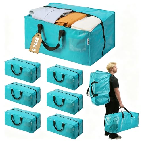 WORKPRO 6 Pack Extra Large Moving Bags with Zippers & Carrying Handles Backpack Straps, Heavy-Duty Storage Tote for Space Saving Moving Storage (Blue)