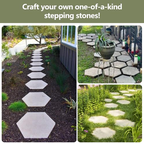 Hexagon Stepping Stone Molds, 9\" and 11.4\" Reusable Plastic Concrete Molds for DIY Walkway, Patio, Garden Path, Lawn & Yard Decor, Cement Casting Tools for Pavement, Landscape Design (2, White)