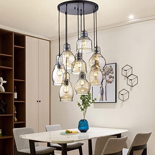 MoreChange Vintage Kitchen Island Lights Fixtures 8-Light Linear Glass Chandelier, Cognac Glass Hanging Pendant Lighting Rustic Ceiling Lights Fixtures with Round Plate for Dining Room Cafe Bar