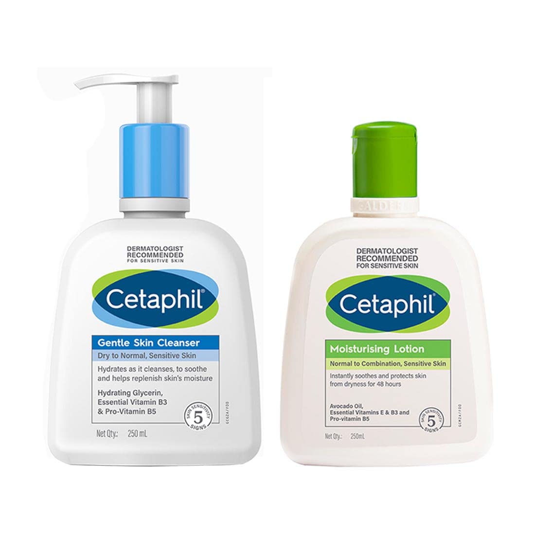 Cetaphil Moisturising Lotion for Sensitive or Dry Skin + Gentle Skin Cleanser, 250 ml Each