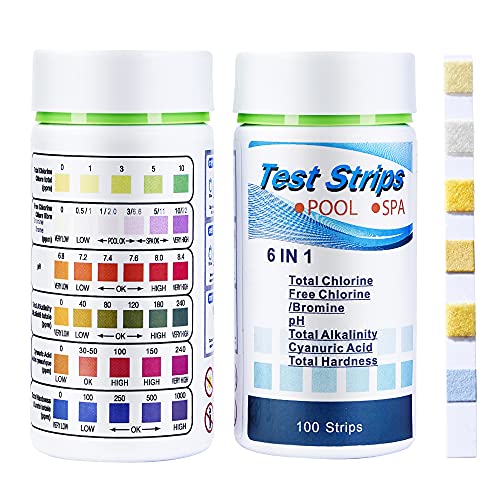 SuperCheck 6-in-1 Test Strips for Testing Chemical Level in Pool and Spa, 7 Parameters, 100 Count, Pool Test Kit for Chlorine, Bromine, pH, Alkalinity, Cyanuric Acid and Hardness, Water Quality Tester