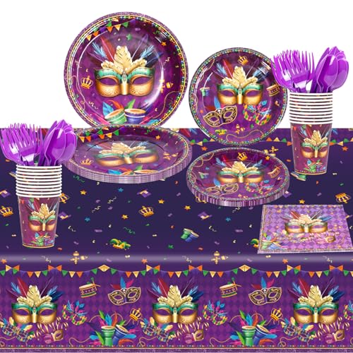 141 PCS Mardi Gras Party Supplies Disposable Tableware Set Mardi Gras Paper Plates Napkins Cups Plastic Tablecloth for New Orleans Carnival Theme Party Decorations Serves 20 Guests