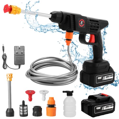 Pistola de Agua a presión 50Bar, Hidrolimpiadora de Alta Presion con Batería, Cargador y Manguera de 5 m, Limpiador Agua Presion Bateria para Limpiar Coche, Terraza, Jardín (20000mah)