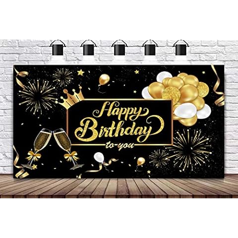 WANBY Birthday Banner Black Gold Happy Birthday Banner Party Decoration Extra Large Backdrop Banner for Children Kids Women Girls Elder Cover