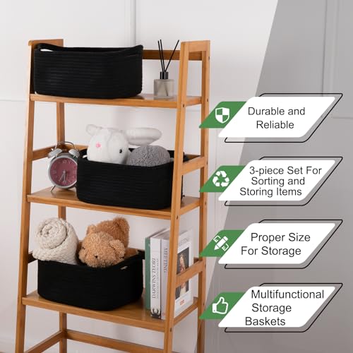 سلة تخزين للحضانة منسوجة من الحبال القطنية مستطيلة الشكل مع مقابض للرفوف من اوياهومي، مجموعة من 3 قطع