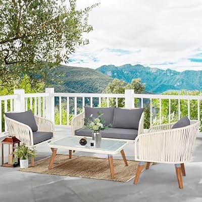 VINGLI 4 Pieces Outdoor Patio Furniture Set, Wicker Conversation Sofa Sets for Balcony, Porch or Backyard