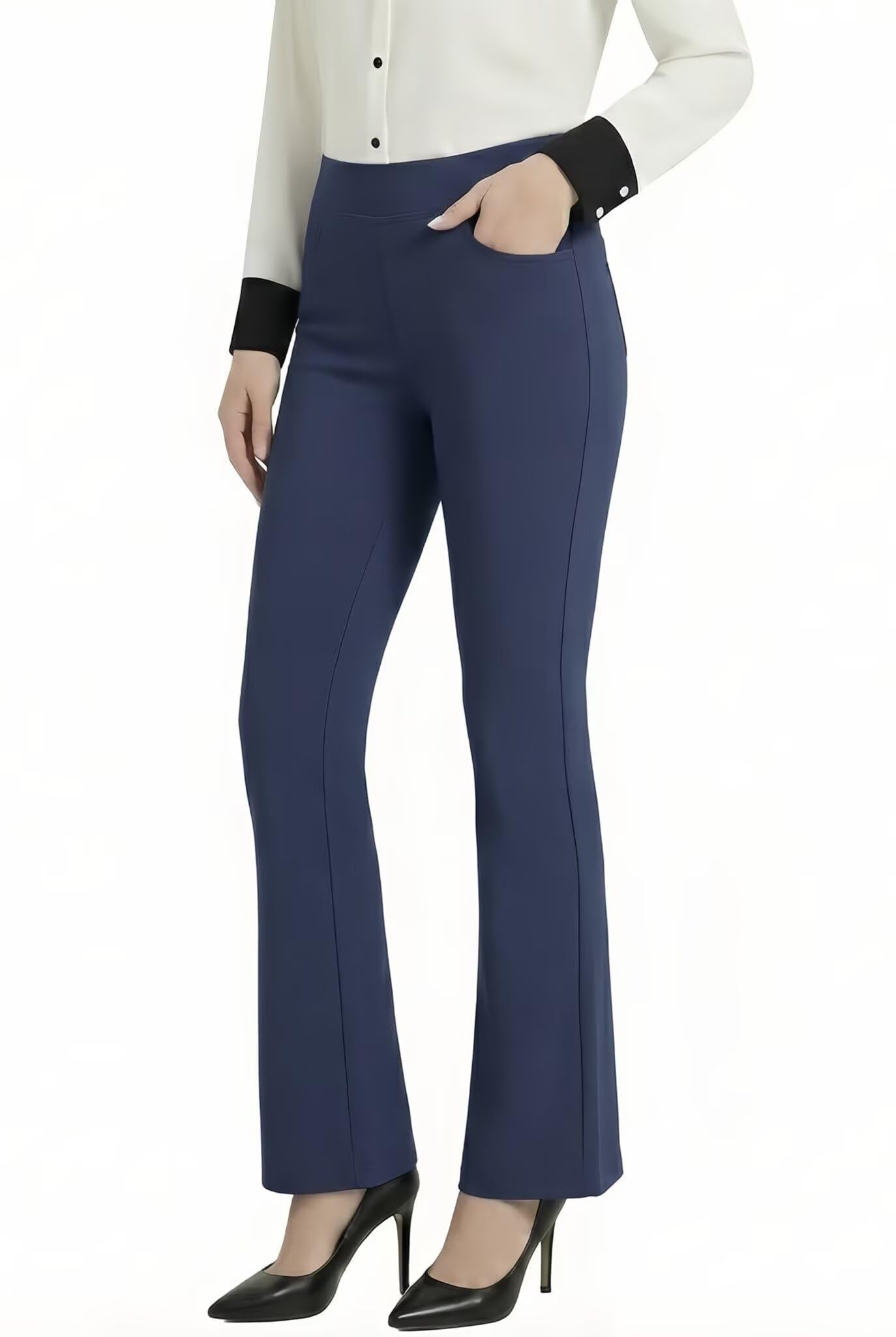 Pantaloni da donna a vita alta, elasticizzati, da lavoro, lavoro, casual, ufficio, 4 tasche, gamba svasata