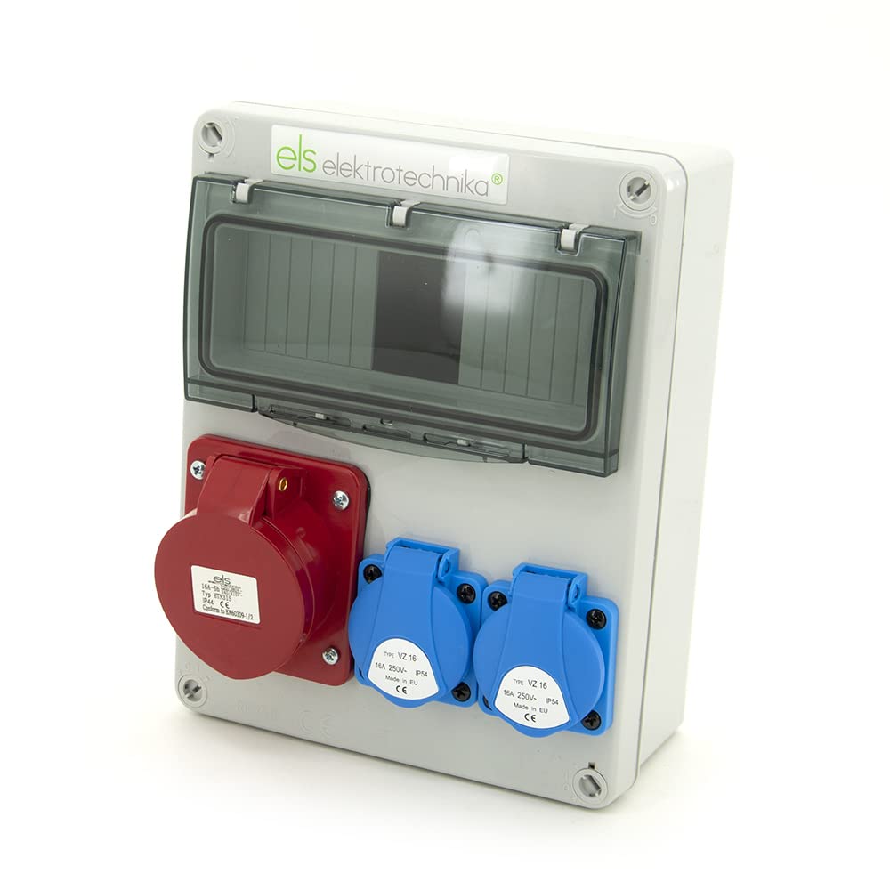 ELS Elektrotechnika Steckdosenverteiler Baustromverteiler Wandverteiler Leer Leergehäuse Schuko Steckdosen 2x230V und 1 x CEE16A, für Innen und Außen, zur Nachrüstung mit modularen Geräten, Verkabelt