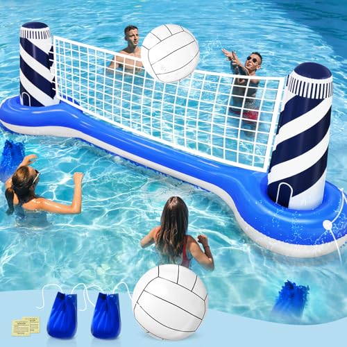 Inflatable Pool Games Volleyball Net Pool Float Set with 19' Beach Ball, Lighthouse Design – Floating Swimming Water Sports Toys for Adults, Perfect for Summer Pool Party Supply (112'X26'X35')