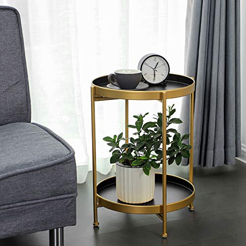 Side Table, Round Foldable End Table, Telephone Table With Removable Trays, Hallway, Living Room, Metal, Easy Assembly, Space Saving, Industrial, Black And Gold #TOP4