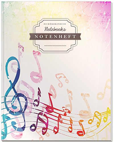 DÉKOKIND Notenheft | DIN A4, 64 Seiten, 12 Notensysteme pro Seite, Inhaltsverzeichnis, Vintage Softcover | Dickes Notenbuch | Motiv: Bunte Musiknoten