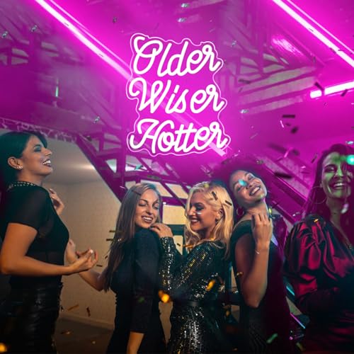 Image of Pink Older Wiser Hotter Neon Sign Funny Birthday Party Neon Light Happy Birthday Backdrop Lights for Women 30th 40th 50th 60th 70th 80th Party Decorations