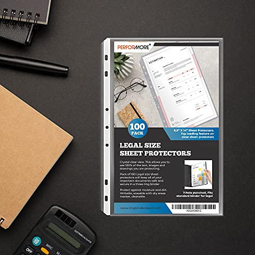 Legal Size Sheet Protectors 8.5x14, 100 Pack Heavyweight Top Loading, Archival Safe Acid Free Clear Polypropylene Page Protectors for 3 Ring Binder, Document Sleeves - Performore image 7