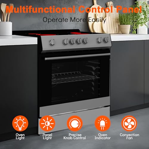 30-Inch Electric Freestanding Range with 5.0 Cu.Ft Convection Oven, 4 Burners - In Stainless Steel, Smooth Glass Top, Timer, High-Efficiency, Easy Reach Rack, Silver