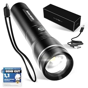 Adler Focus Taschenlampe | LED wiederaufladbar 2000 Lumen | Fokussierbare Strahlreichweite von 800 Metern | 28 Stunden Leuchtdauer | Für Camping, Wandern [Energieklasse A]