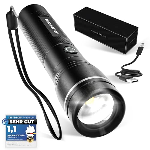 Adler Focus Taschenlampe | LED wiederaufladbar 1000 Lumen | Fokussierbare Strahlreichweite von 600 Metern | 22 Stunden Leuchtdauer | Für Camping, Wandern [Energieklasse A]