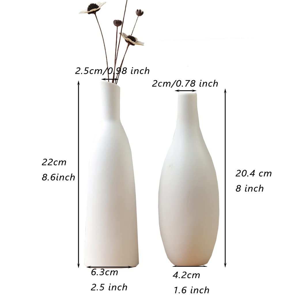 DUNAKE Weiß Blumenvase Set, Keramik Vase Modern, Tonvase 2er Set, Deko Vase Ornamente Für Wohnzimmer, Bauernvase Rustikal Für Pampasgras, Schlafzimmer Und Kaminsims (Color : A+B)