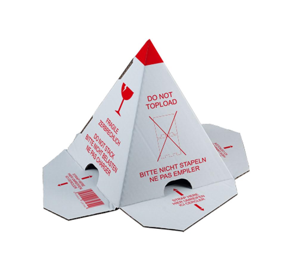 Palettenhütchen „Nicht Stapeln“ 100 Stück | Stapelschutzpyramide aus Karton | Transportschutz & Palettenschutz | 3-sprachig (DE/EN/FR) mit Piktogrammen | 360x360x230 mm, weiß/rot