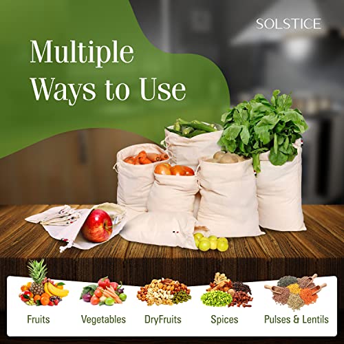 Image of SOLSTICE Cotton Muslin Fridge Storage Bags for Vegetables and Fruits Kitchen | Washable, Reusable, Multipurpose Storage and Straining bags - Set of 10 ( 5 large, 5 medium )