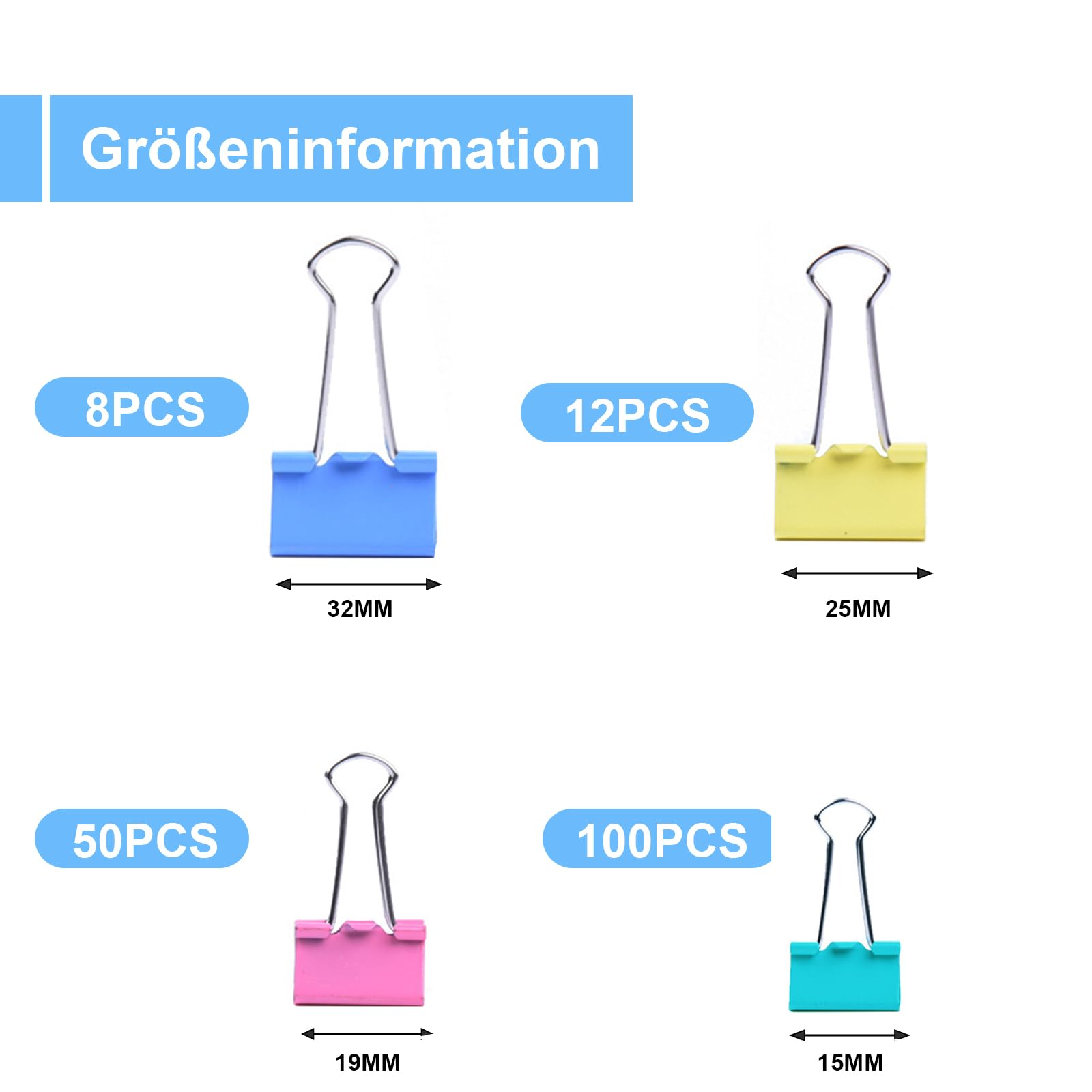 Caianwen Vouwklemmen, 170 stuks, zwart, 15/19/25/32 mm, metalen paperclips, multifunctionele klemmen, documentenclips, papierklemmen, metaal voor school, kantoorbenodigdheden, briefpapier, notities