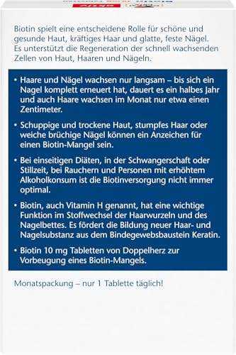 Doppelherz Biotin 10 mg - Biotin unterstützt die Regeneration der schnell wachsenden Zellen von Haut, Haaren und Nägeln - 30 Tabletten