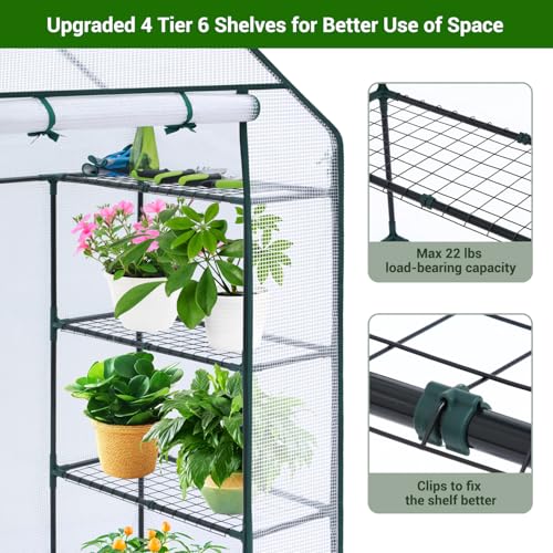 Image of Ohuhu Small Greenhouse for Outdoors: 4 Tiers 6 Shelves Walk-in Indoor Green House Heavy Duty Plant Stands Reinforced Plastic PE Cover Mini Portable Warm House for Outside, 4.8x2.5x6.4 FT White