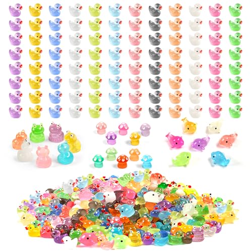 Tiamatt 120 Pcs Luminous Mini Resin Ducks Glow in The Dark Animals Duck Frog Dolphin Mushroom 4 Combination Sets for Garden Miniature Figure Landscape Aquarium Hide and Seek Prank Dollhouse Decor