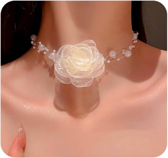 Boho Flower Pearl Choker Necklace for Floral Choker,Women Dainty Pearl Beaded Chain Collar Necklace Flower Necklace for Women Trendy Jewelry