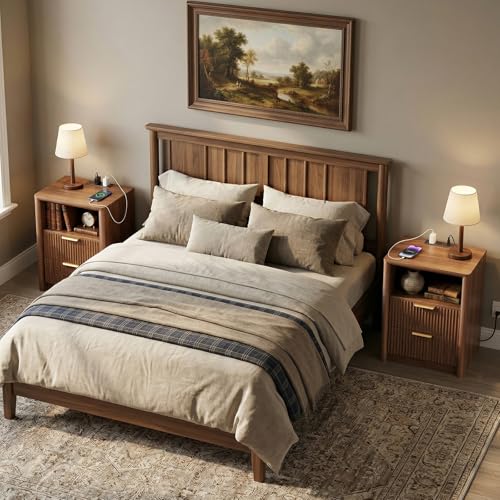 Image of LYNCOHOME 19.7 inch Fluted Nightstands Set of 2 with Charging Station, 2 Drawer Bedside Table, Modern Night Stand with Curved Edge, Wooden End Table for Bedroom, Rounded Night Stand with Storage, Walnut