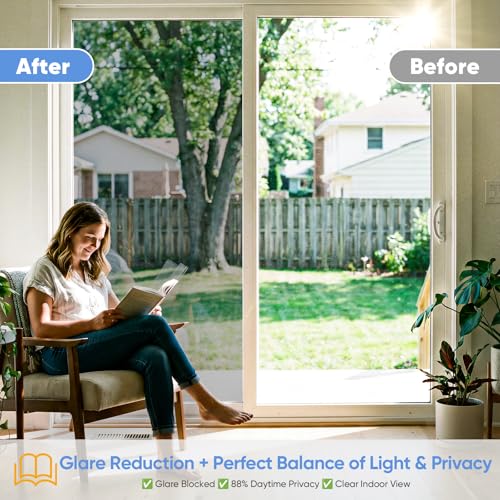 Image of SUNBABY One Way Privacy Film Heat & UV Blocking, Static Cling No Glue Renter Friendly Cover for Home Bedroom, Office & Sliding Glass Door, 35.4 x 157.5 Inch with 3 Tools, Silver